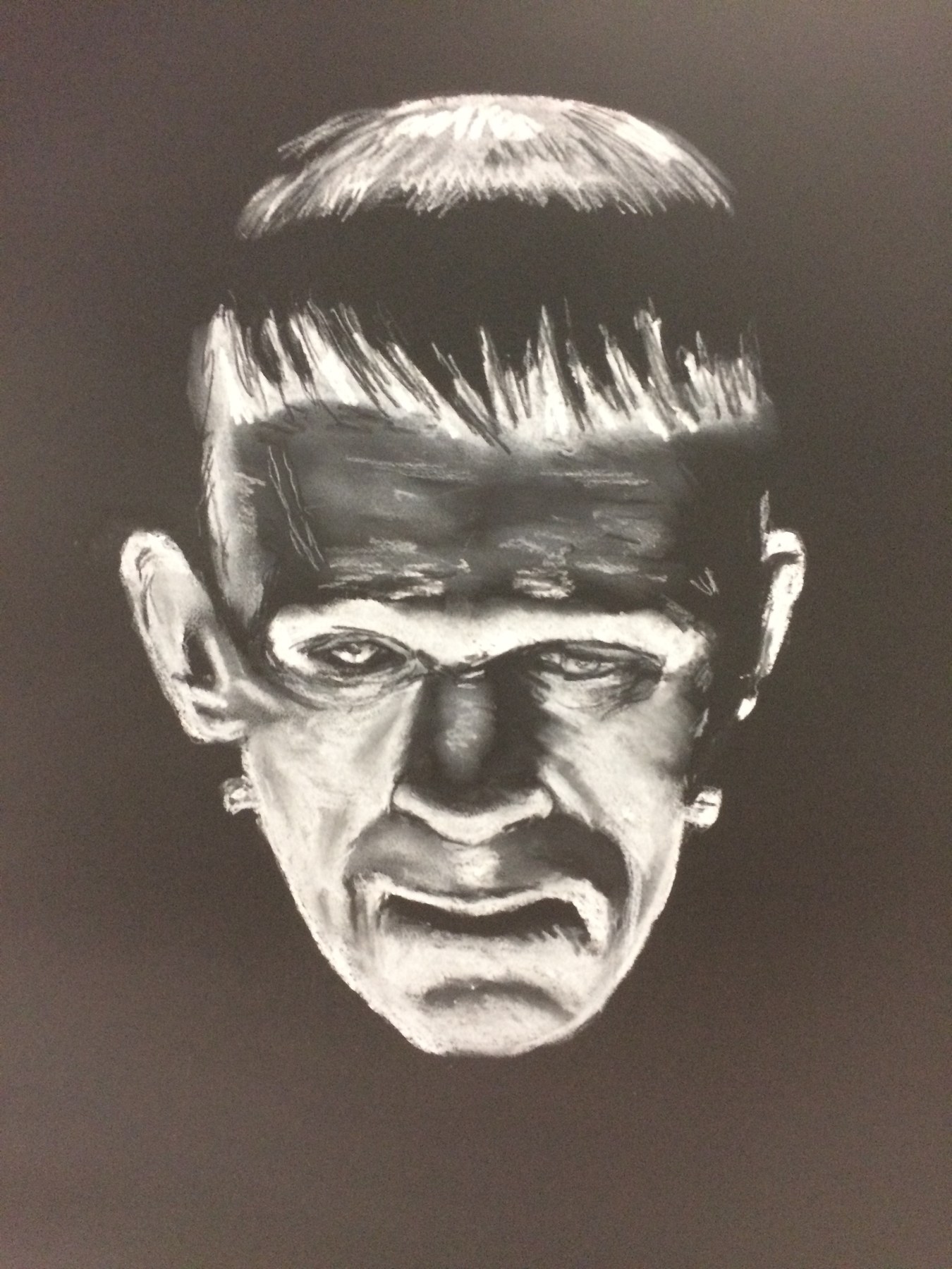 Monochrome portrait of Frankenstein’s monster