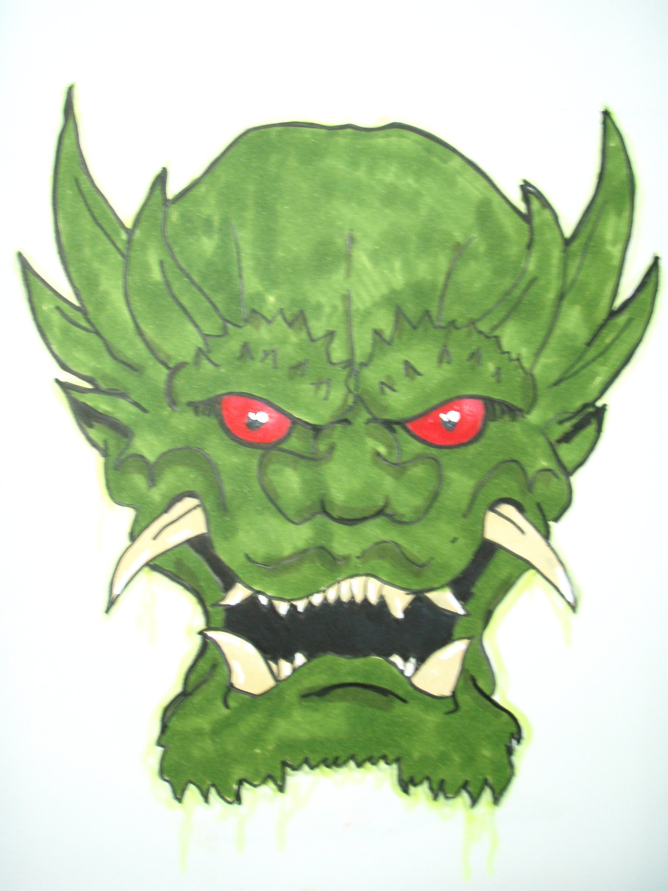 Illustration of a green creature with red eyes