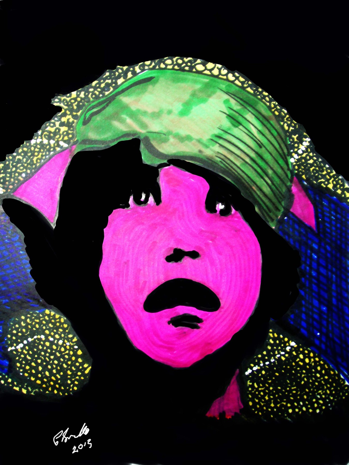 Bright pink portrait wearing a green hat