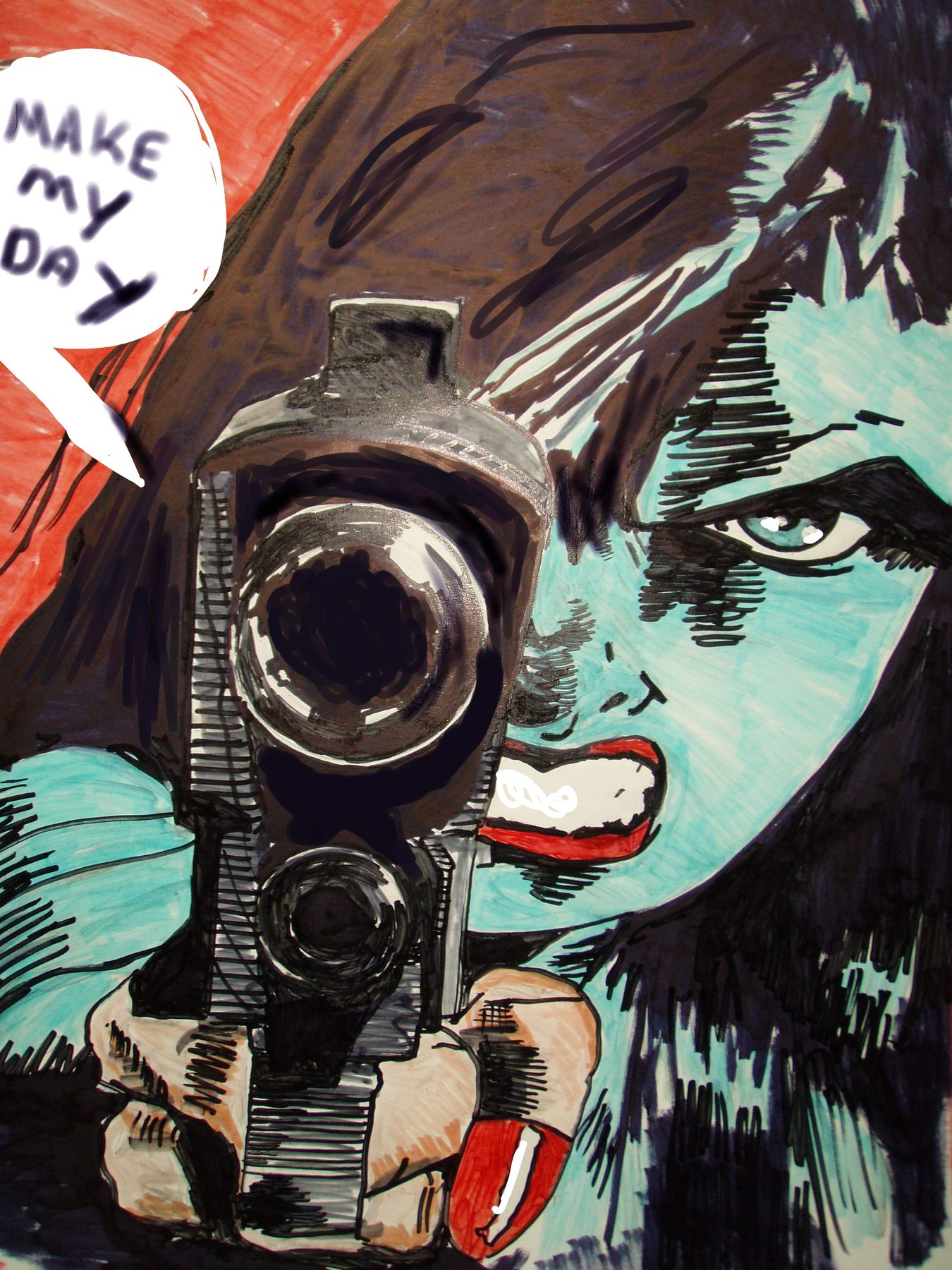 Comic book illustration with a figure holding a gun