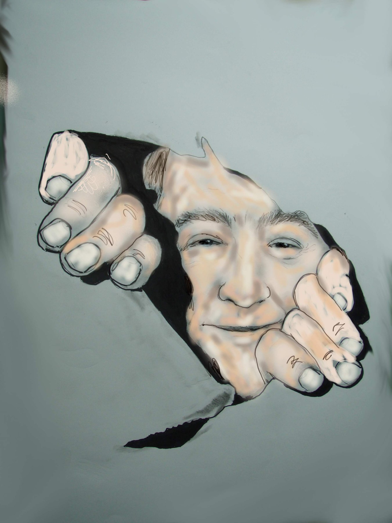 Face looking through an opening in a wall