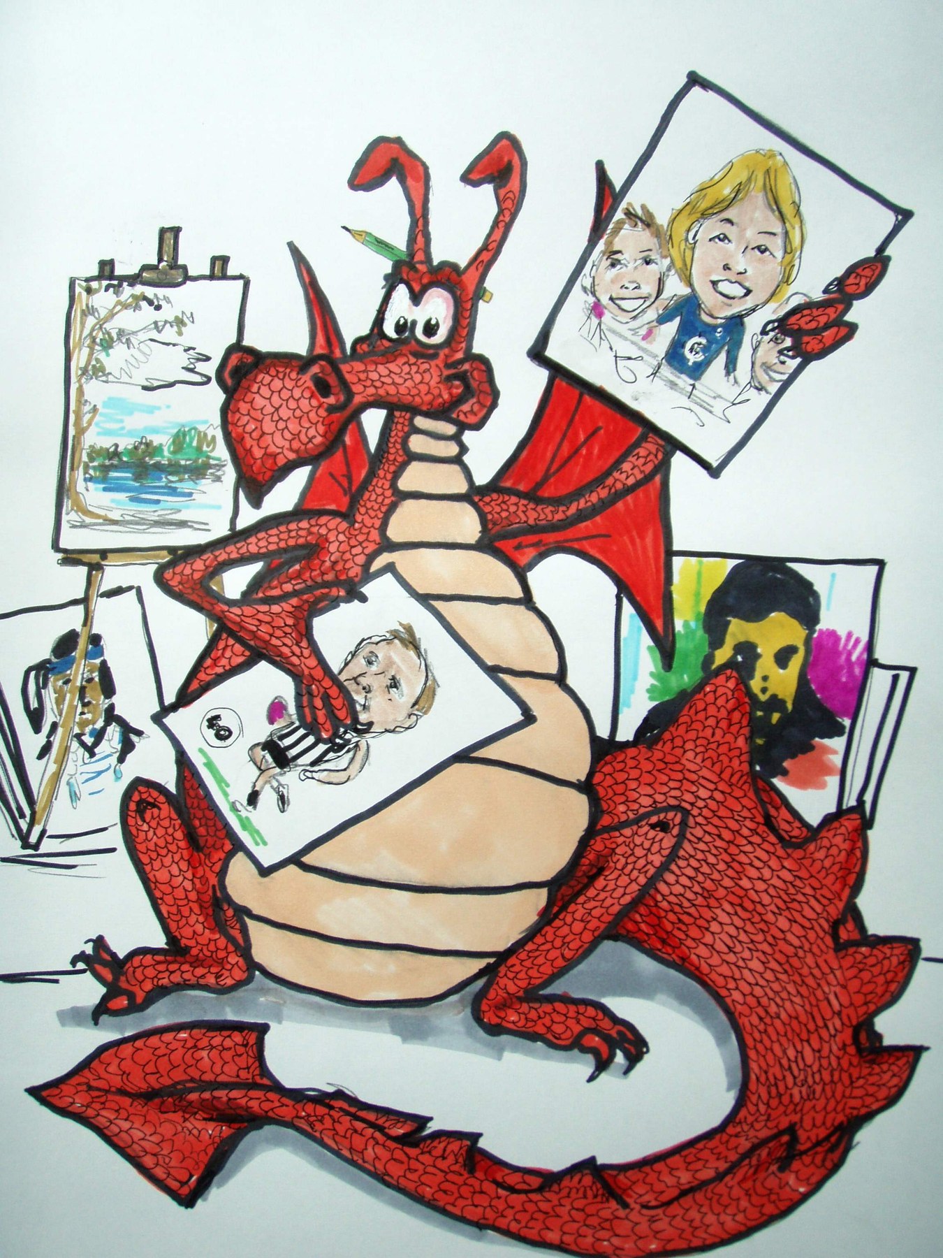 Red cartoon character holding artwork and brushes