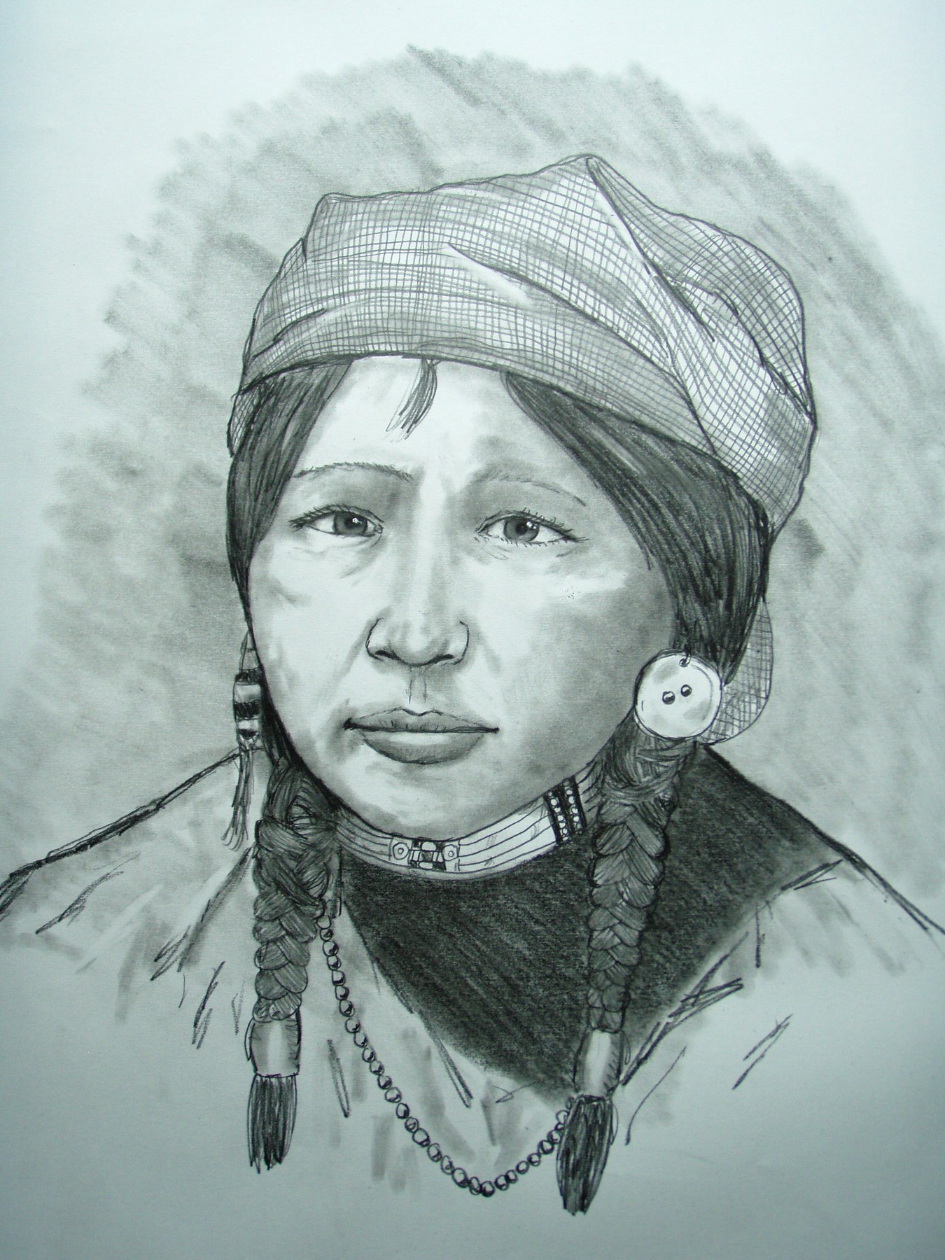 Pencil portrait of a girl wearing a headwrap