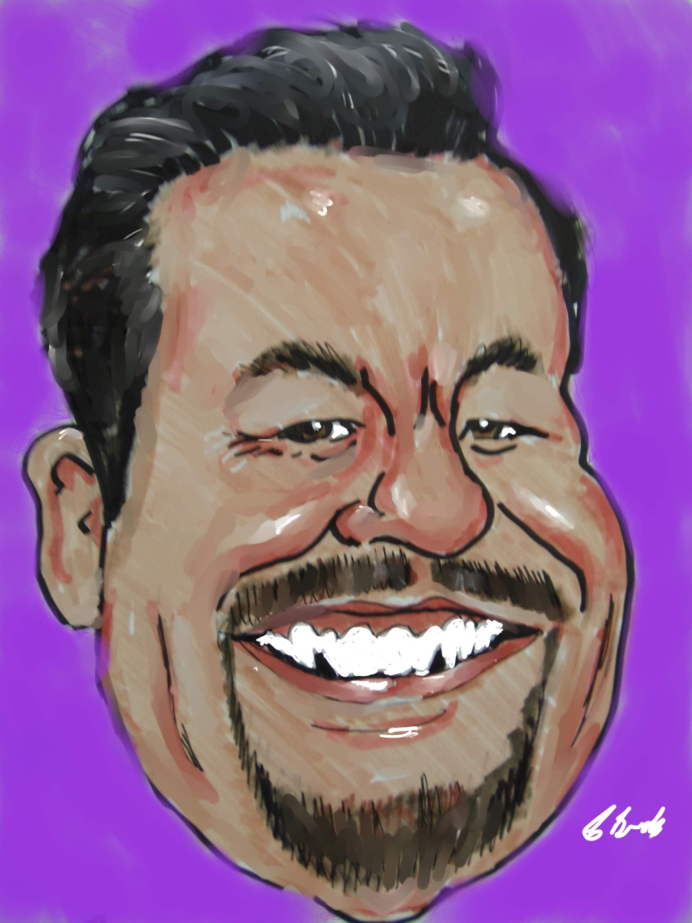 Smiling male caricature against a purple background