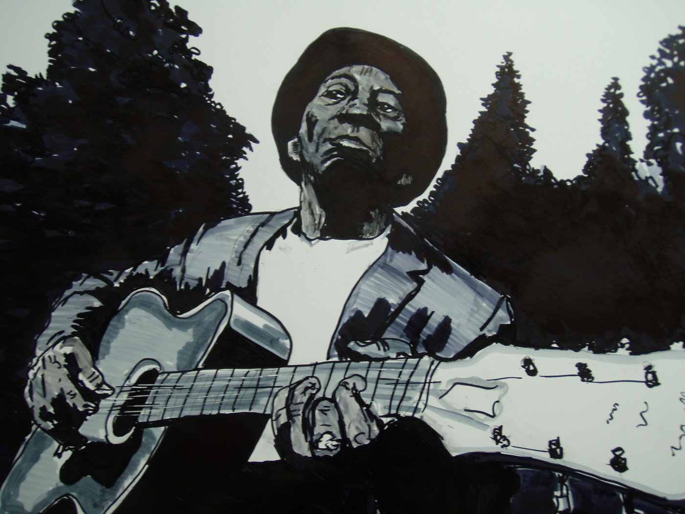 Monochrome artwork of a musician playing guitar outdoors