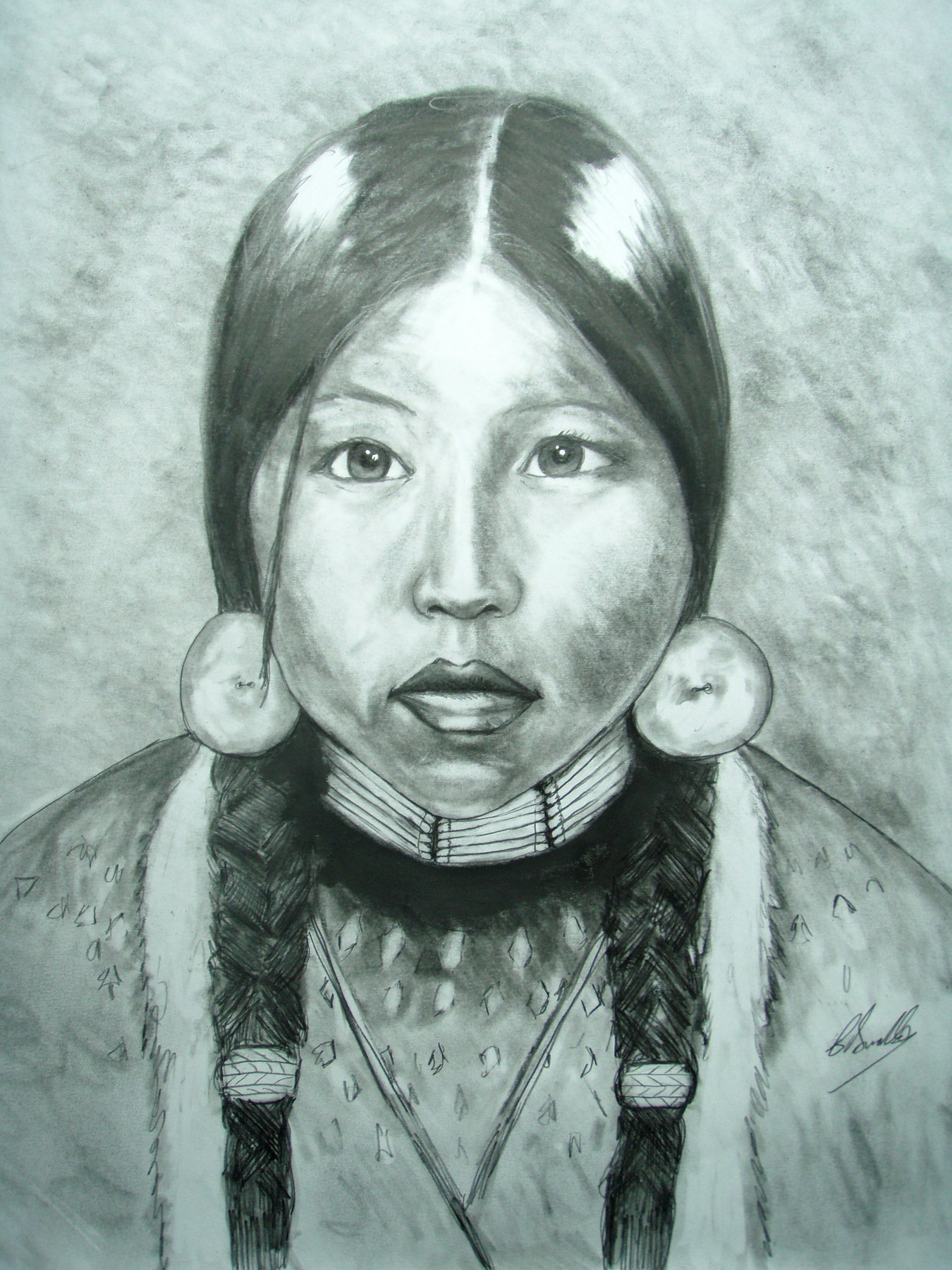 Pencil portrait of a girl wearing round earrings