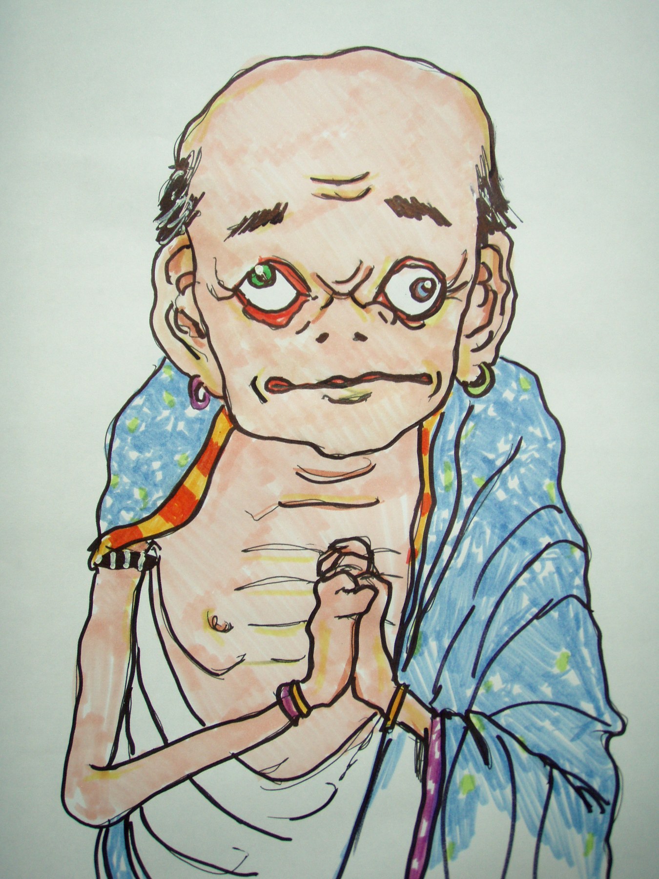 Caricature of a smiling figure in blue and gold robes