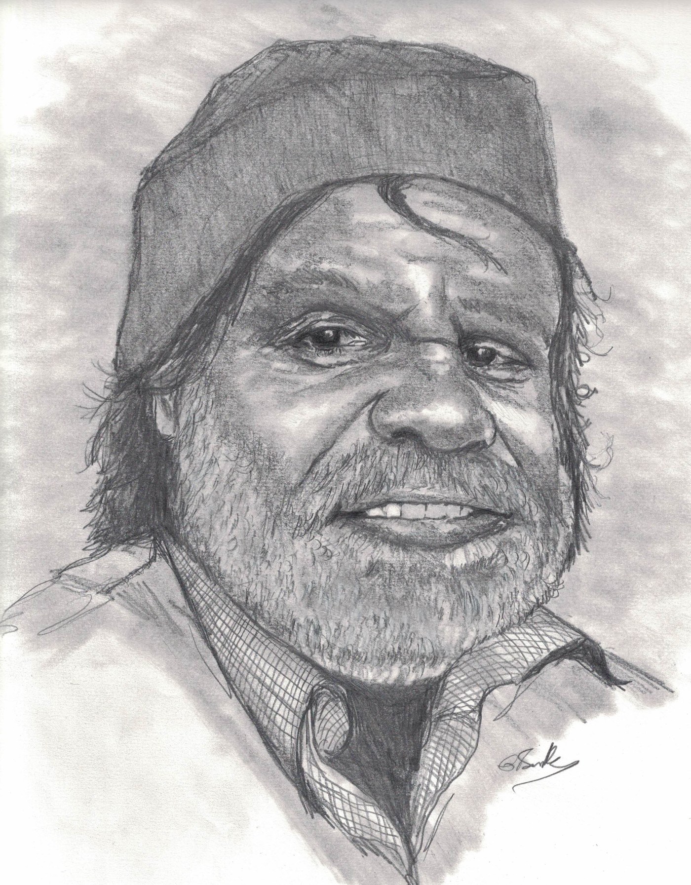 Pencil portrait of a bearded man wearing a hat
