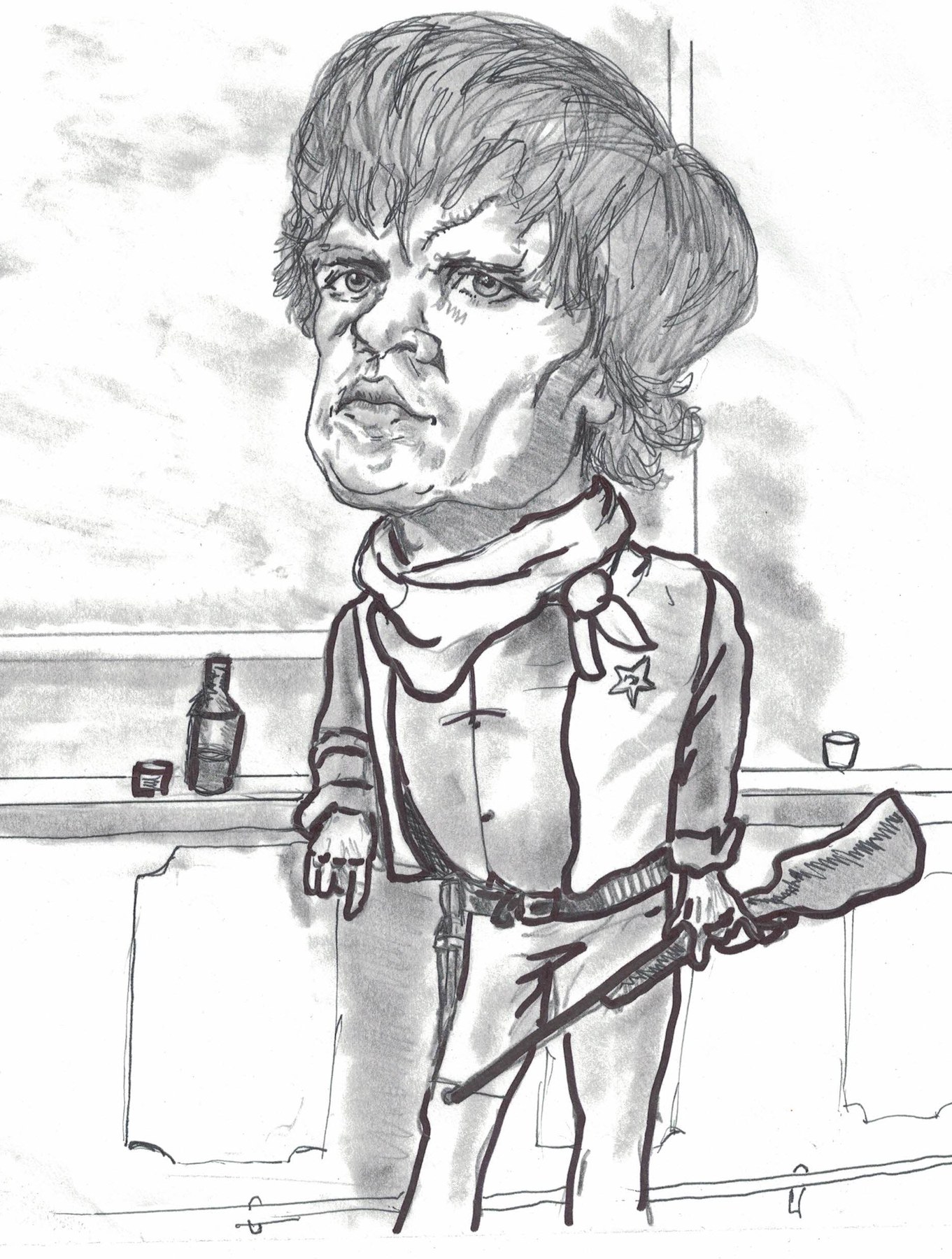 Pencil caricature of a man holding a rifle