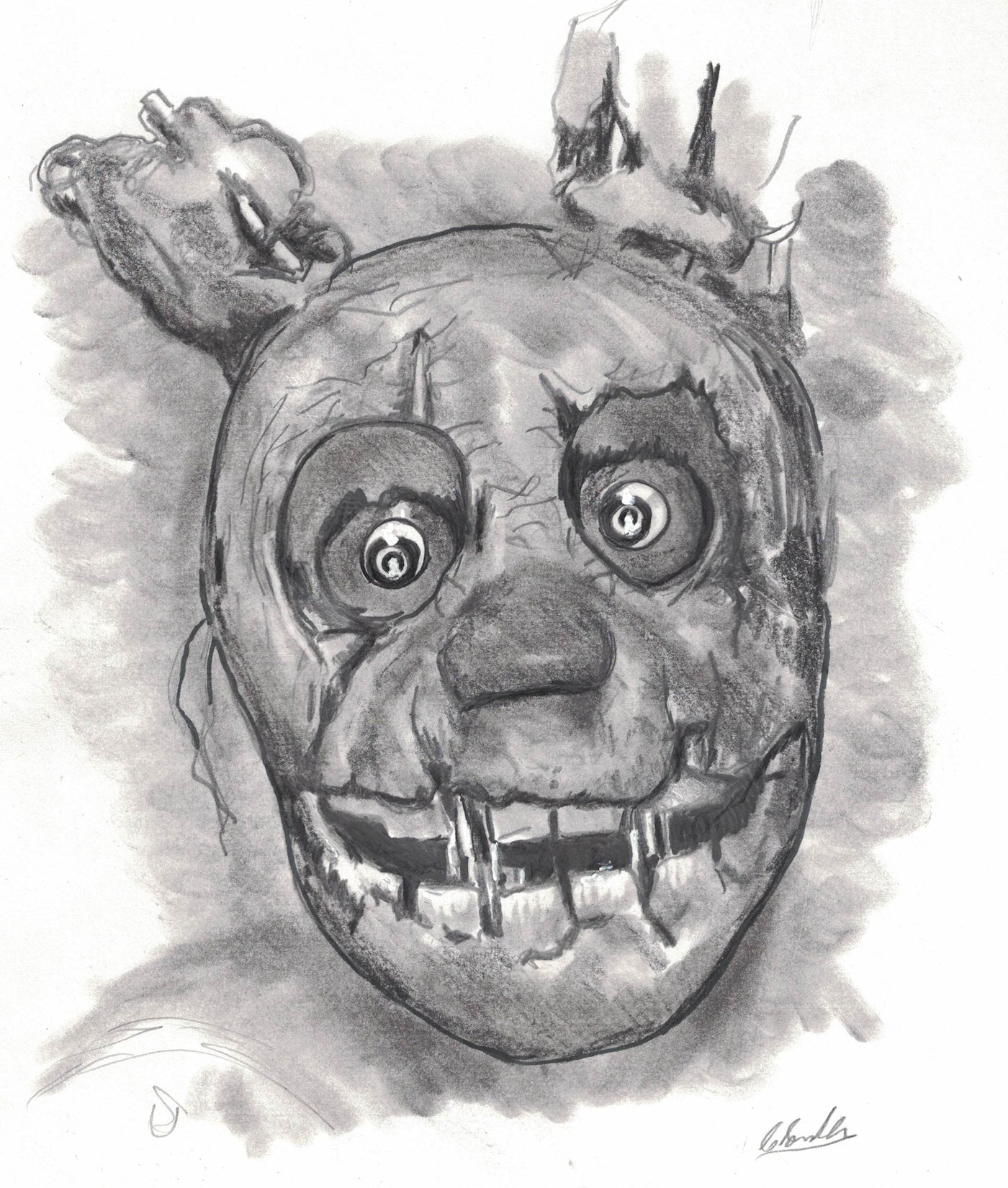 Pencil drawing of a damaged rabbit character